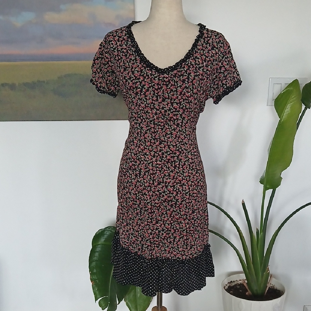 90s Y2K Zoe California Black Polka Dot Mini Dress with Cherry Print